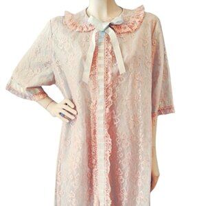 1960s Vintage Pale Blue And Peach Lace Designer Robe Housecoat Odette Barsa